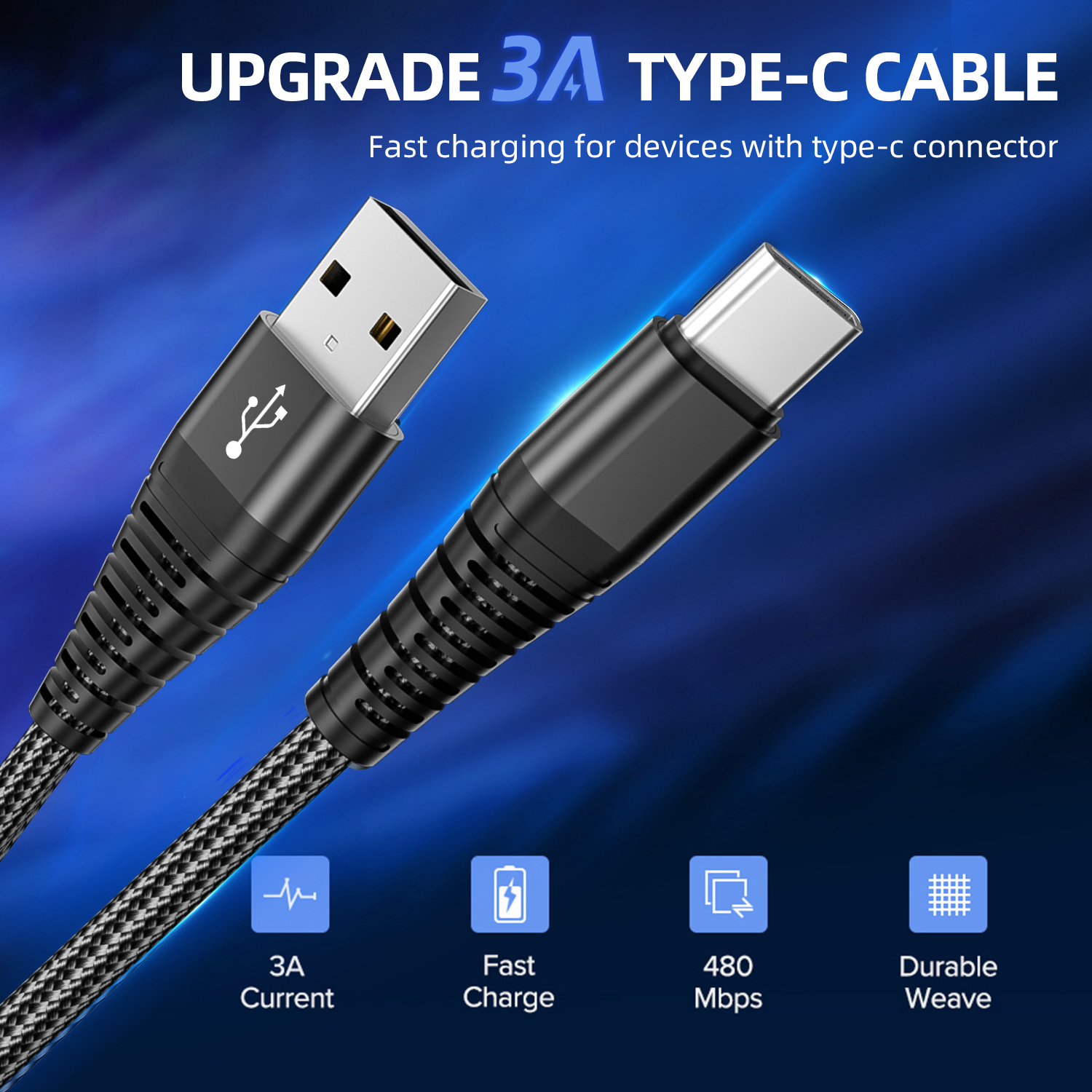 Nylon Hot Tracked Tipo C Teléfono Carga USB C Cable Trenza USB Tipo C Cable 1M 2M Logotipo personalizado 3A Carga rápida Cable USB